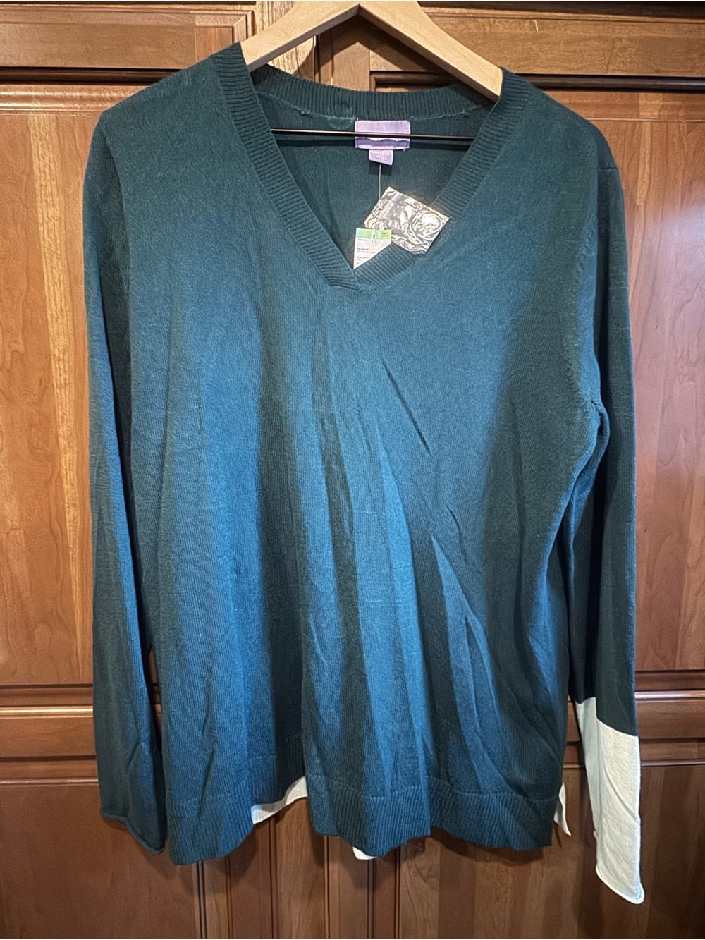 Laura Scott Women's Teal Green V-Neck Sweater with Lt teal Cuff and Back Detail